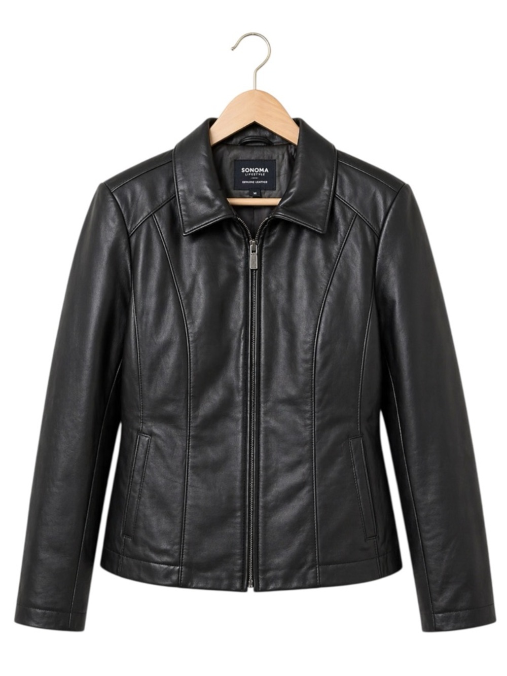 Sonoma Womens Black Lambskin Leather Full Zip Jacket Medium Grunge Biker‎ Edgy